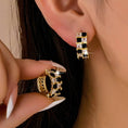 Load image into Gallery viewer, Checker Black & Crystal Baguette Hoop Earrings