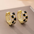 Load image into Gallery viewer, Checker Black & Crystal Baguette Hoop Earrings