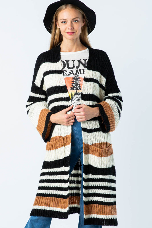 Striped Open Front Long Line Cardigan
