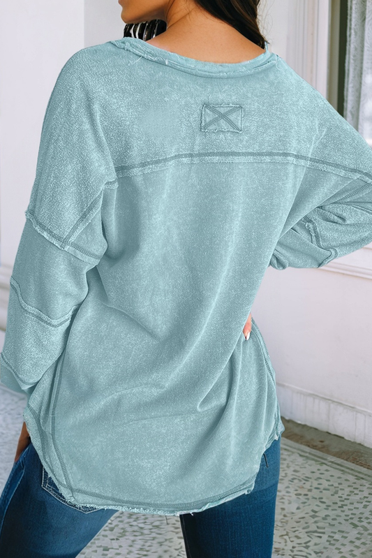Long Sleeve Raw Edge V Neck