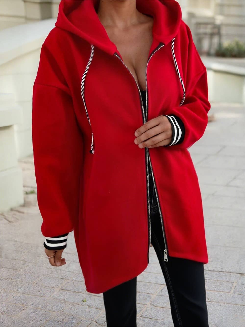 Red Hooded Zip Up Sweatshirt