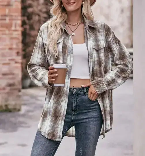 Coffee Oversized Loose Plaid Shirt