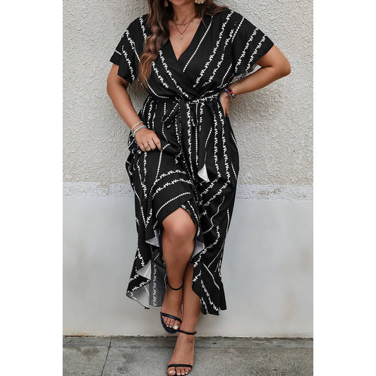 Plus Deep V Belt Asymmetric Hem Fit Dress