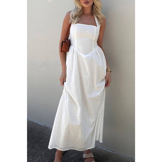 White Halter Long Dress w/Pockets