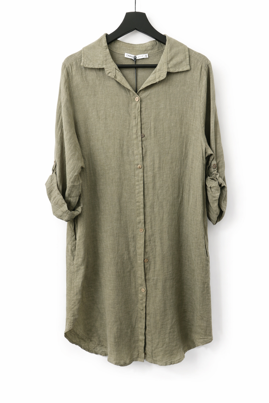 Taupe Button Front Linen Dress