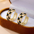 Load image into Gallery viewer, Checker Black & Crystal Baguette Hoop Earrings
