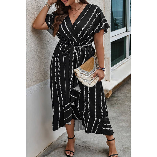 Plus Deep V Belt Asymmetric Hem Fit Dress