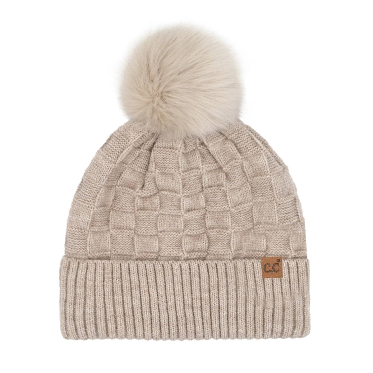 Woven Checkered Texture Pom C.C. Beanie