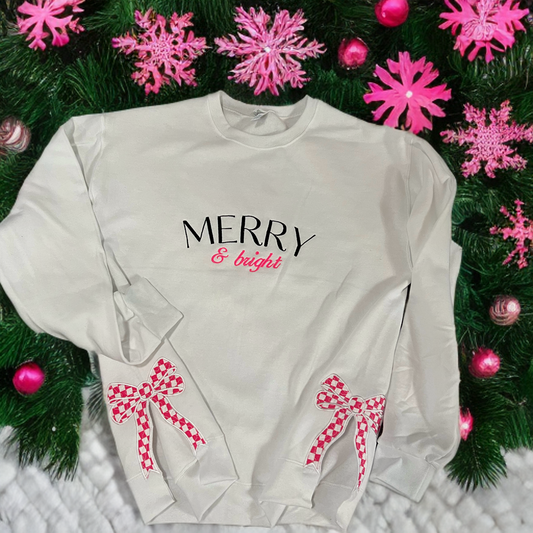 Merry & Bright W/ Side Bows Embroidered Crewneck