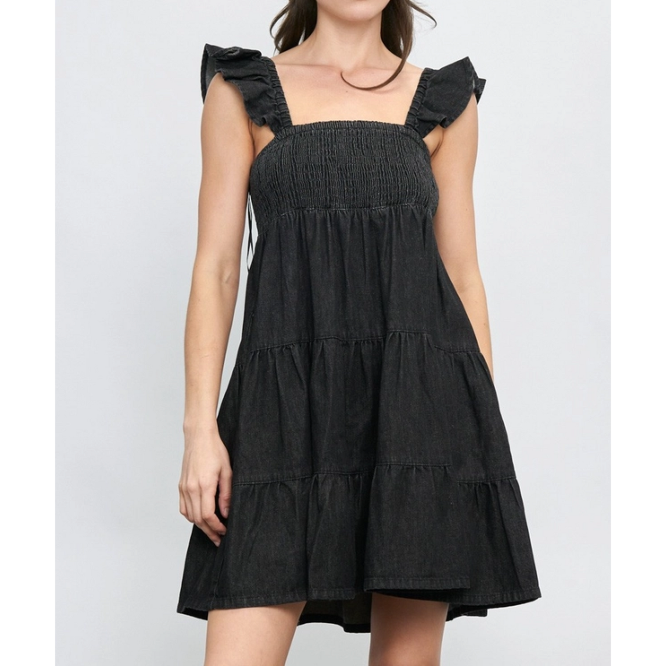 Black Ruffled Smocked Tiered Denim Dress