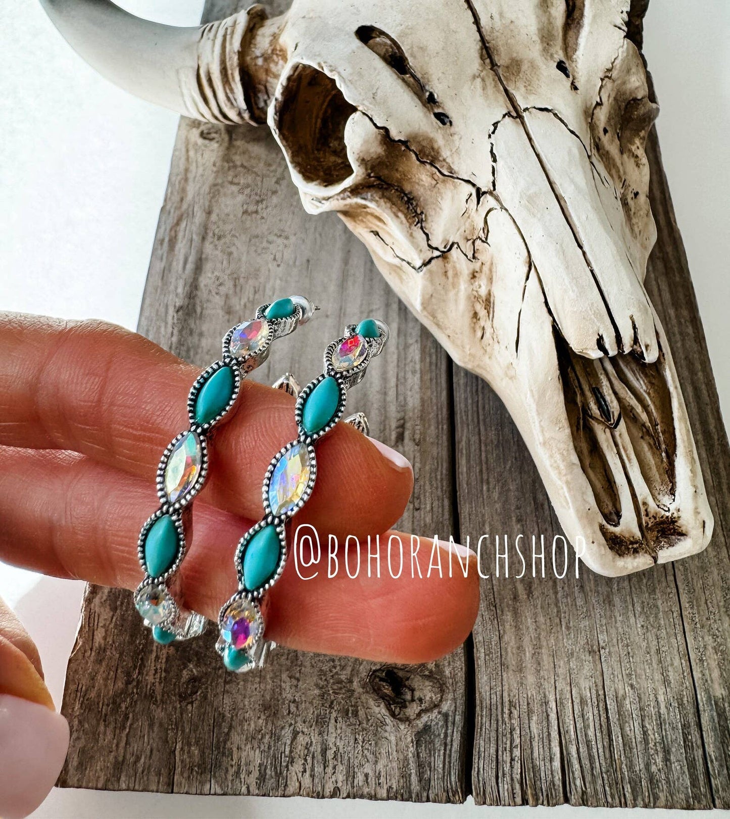 Western Glass Bling Stone Post Hoop Earrings