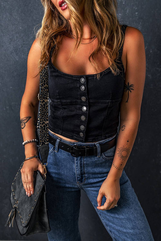 Button-up Crop Denim Tank Top