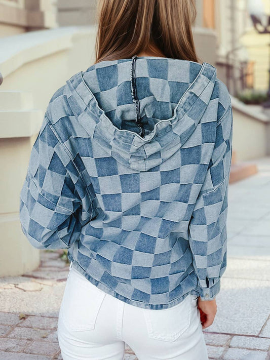 Checkerboard Zip Pocket Denim Hoodie