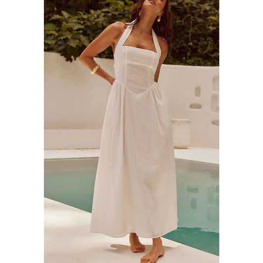 White Halter Long Dress w/Pockets