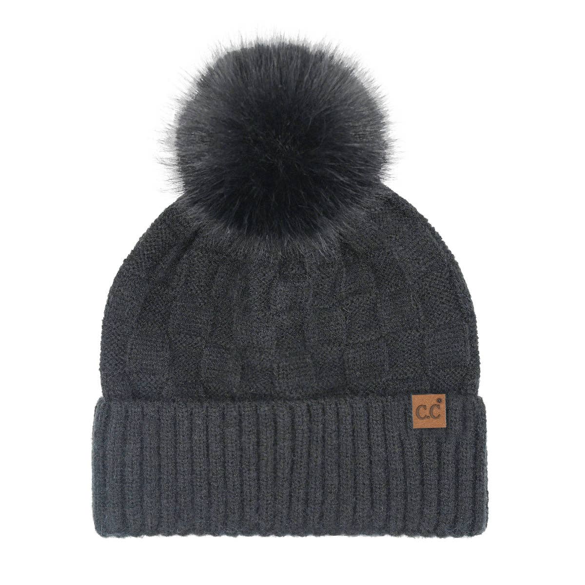 Woven Checkered Texture Pom C.C. Beanie