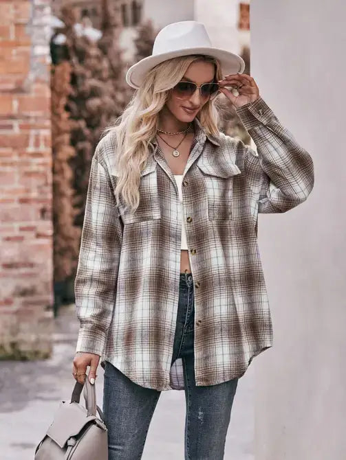 Coffee Oversized Loose Plaid Shirt